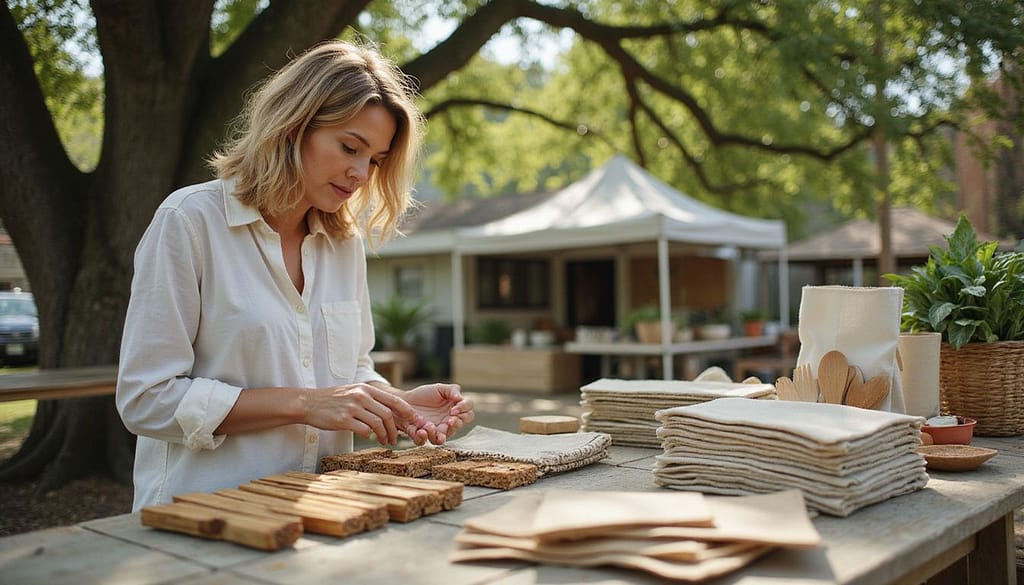 A woman thoughtfully examines eco-friendly products at a farmer's market.