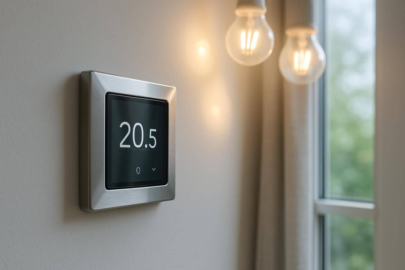 Modern thermostat on a white wall with energy-efficient lighting. Modern thermostat on a white wall with energy-efficient lighting.
