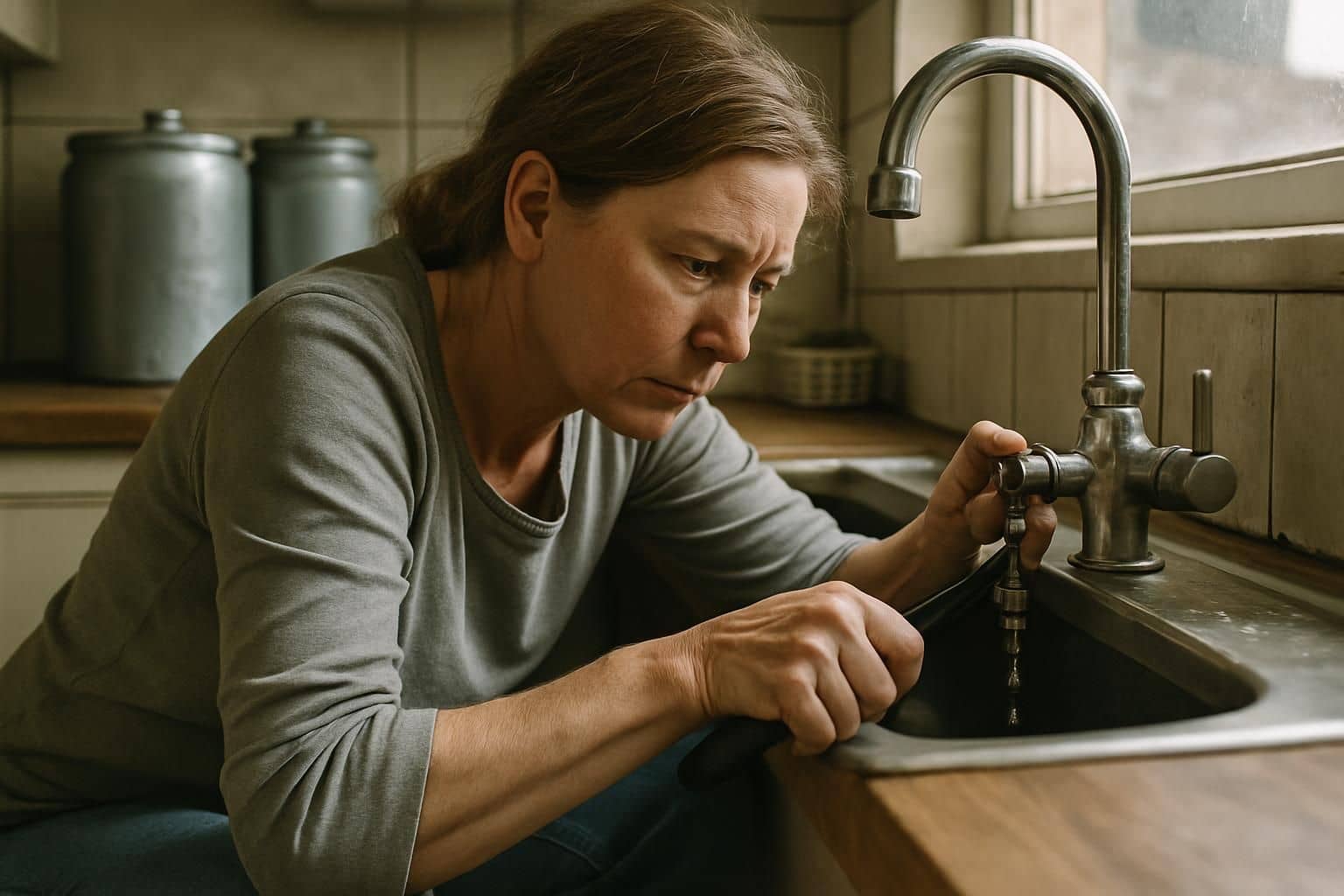 A middle-aged woman repairs a leaky faucet under the kitchen sink. A middle-aged woman repairs a leaky faucet under the kitchen sink.