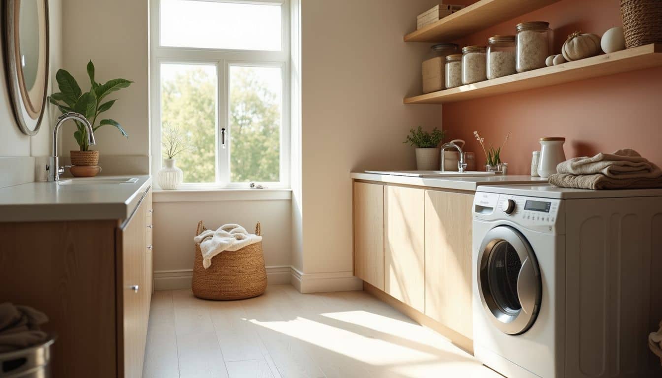 A tidy laundry room featuring eco-friendly products and warm decor.