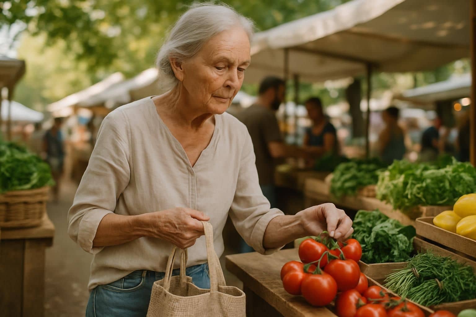 An elderly woman thoughtfully selects fresh produce at a farmers market.