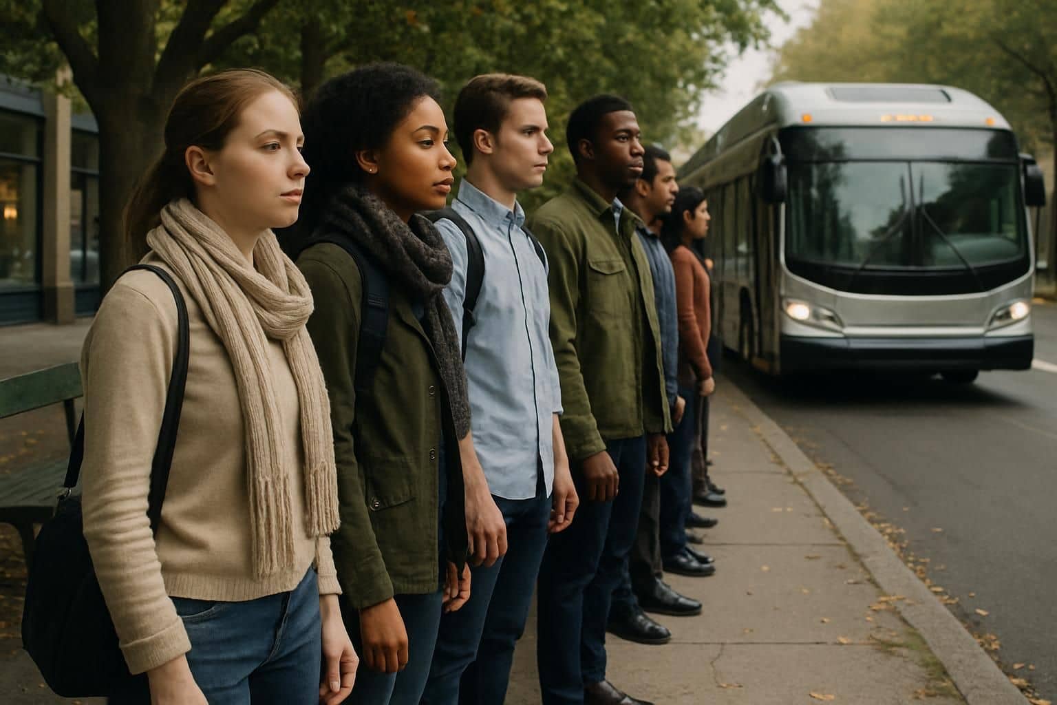 A diverse group of commuters awaits an approaching electric bus at a stop.