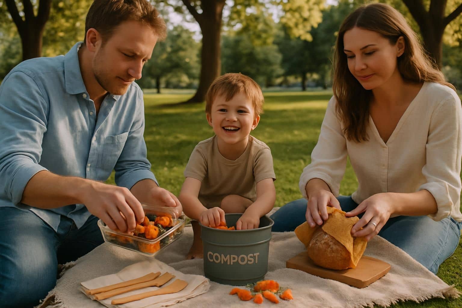A family engages in a sustainable picnic, emphasising eco-friendly practices.